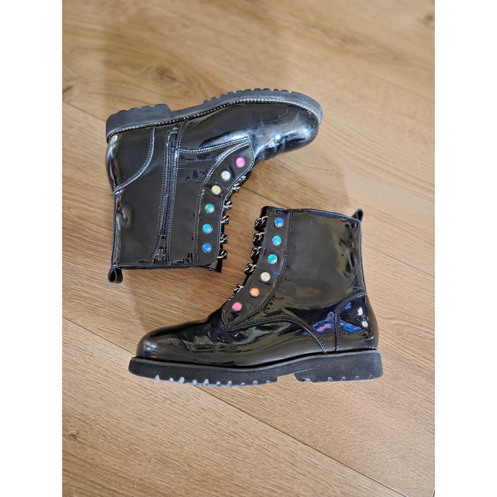 Kurt Geiger London Black Patent Combat Boots Rainbow Gemstone Chain Lug Sole - Picture 2 of 5
